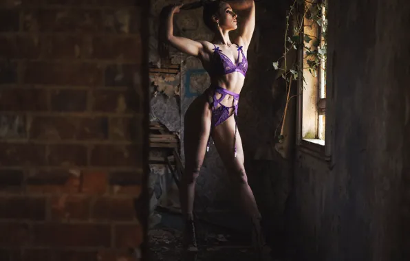 Wall, lingerie, model, women, window, brunette, high heels, purple bra
