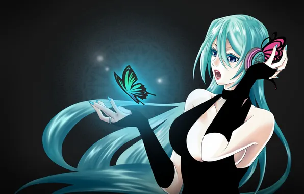 Картинка девушка, бабочка, крылья, арт, микрофон, vocaloid, hatsune miku, вокалоид