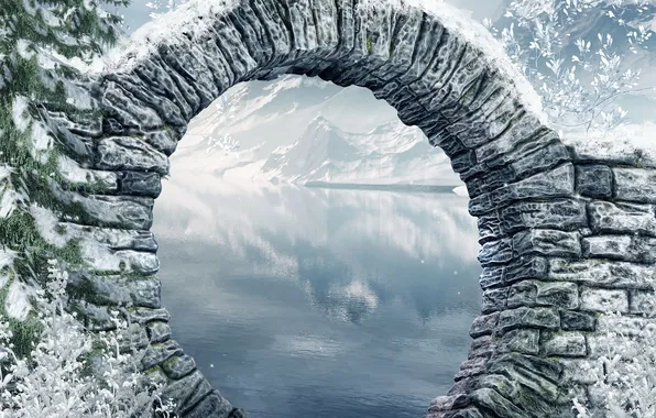 Картинка зима, деревья, горы, мост, природа, река, фото, кирпичный