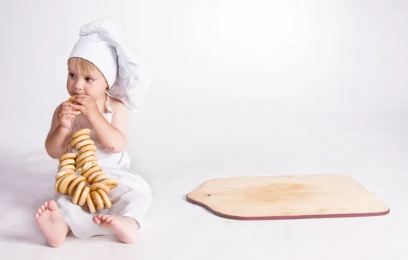 Картинка ребёнок, доска, Child, cook, bagels, apron, ligament, cutting board