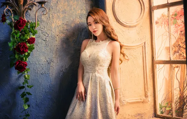 Девушка, цветы, поза, стиль, стена, платье, окно, азиатка