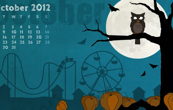 Картинка ночь, дерево, сова, луна, месяц, октябрь, тыква, хэллоуин