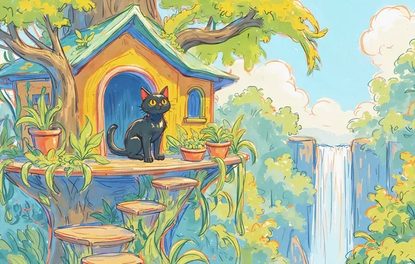 Кошка, кот, облака, природа, поза, дерево, черный, рисунок