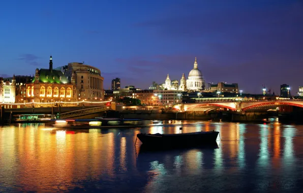 Картинка ночь, мост, огни, река, лондон, london