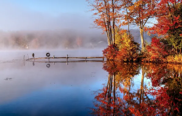 Осень, туман, озеро, утро, мостик