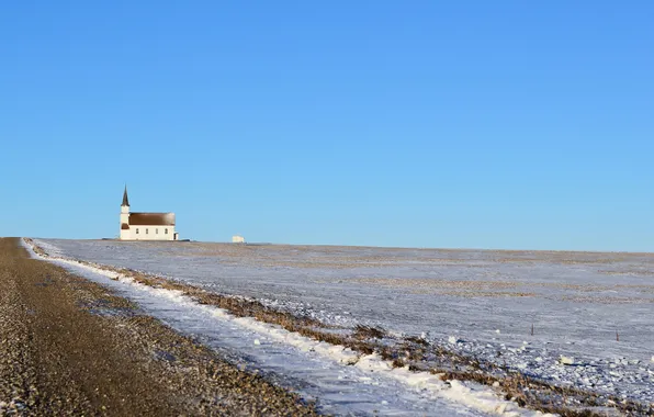 Картинка дорога, поле, снег, пейзаж, храм