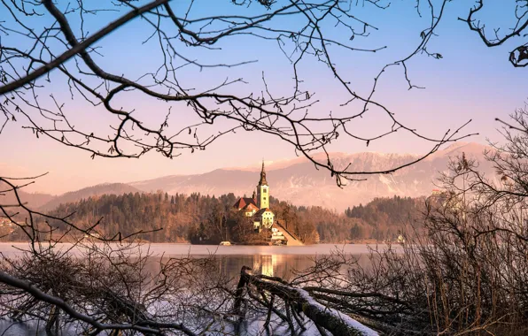 Картинка зима, снег, пейзаж, горы, ветки, природа, озеро, церковь