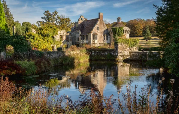 Картинка пейзаж, природа, пруд, замок, Англия, Кент, особняк, сады
