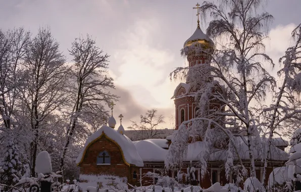 Картинка зима, снег, деревья, пейзаж, природа, город, Красногорск, Знаменский храм