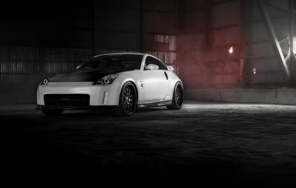 Картинка белый, ангар, Nissan, white, ниссан, 350Z, карбоновый капот