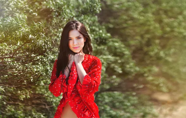 Картинка dress, trees, model, women, brunette, red dress, polka dots, women outdoors