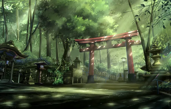 Картинка лето, деревья, Япония, фонари, лестница, перила, лучи солнца, в парке