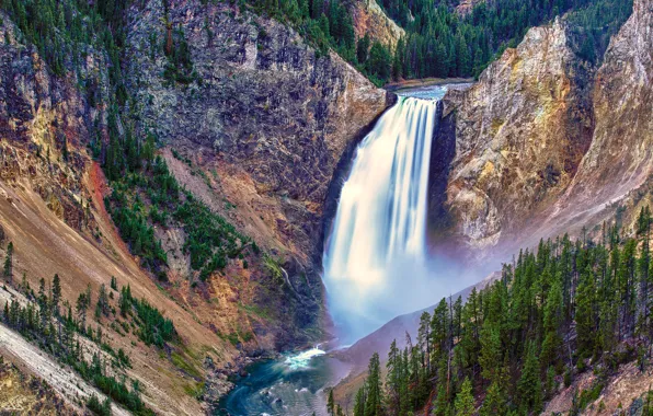 Картинка деревья, горы, водопад, поток, Yellowstone National Park, Lower Falls