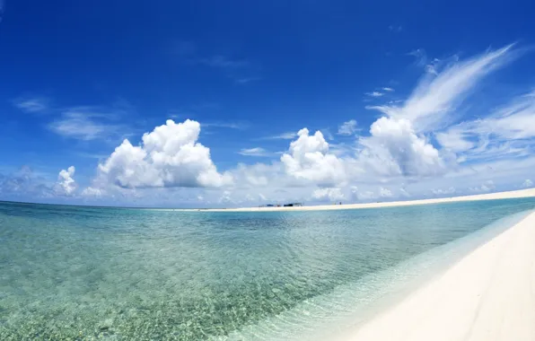 Пляж, океан, белый песок, blue sky and white sand