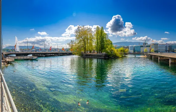 Картинка Облака, Дома, Швейцария, Набережная, Реки, Мосты, Geneve