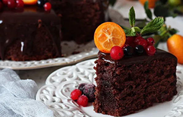 Ягоды, торт, фрукты, кусок, кумкват