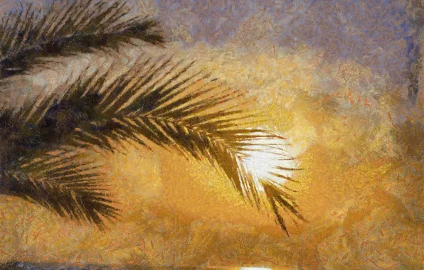 Картинка море, солнце, закат, пальма