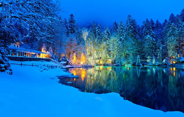 Картинка зима, лес, снег, деревья, пейзаж, горы, природа, озеро