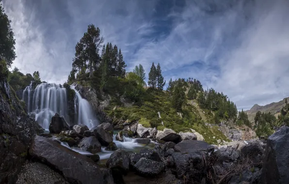 Картинка деревья, река, камни, скалы, водопад, Испания, Spain, Арагон