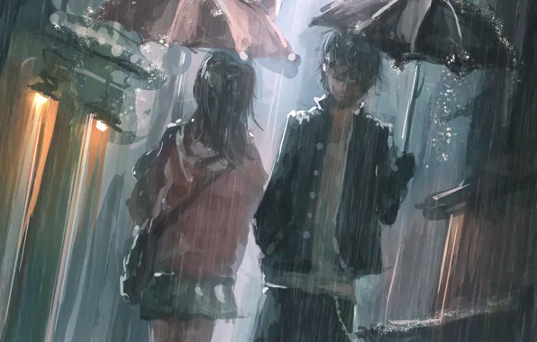 Картинка дождь, зонт, аниме, мужчина