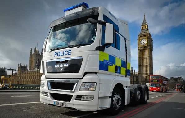 Картинка Police, London, тягач, Big Ben, Man