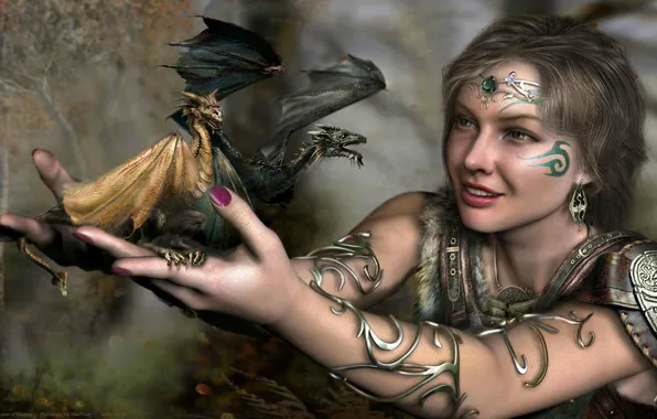 Картинка девушка, украшения, металл, узор, драконы, серьги, руки, тату