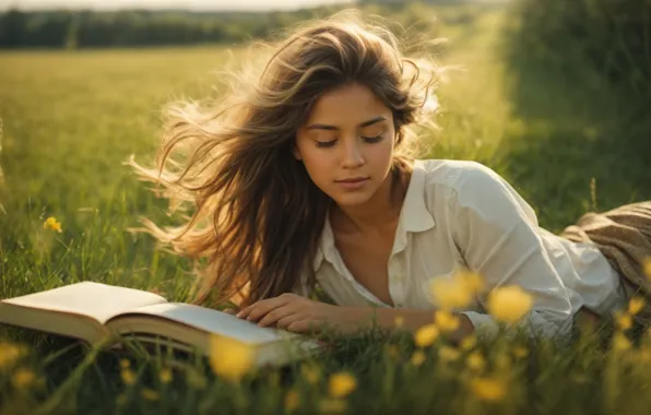 Девушка, Книга, Лето, ИИ-арт