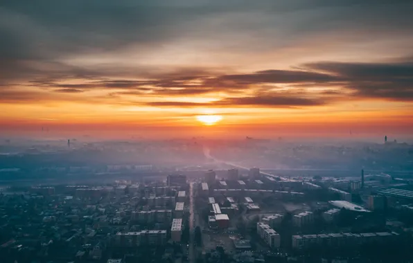 Картинка закат, город, туман, Lietuva, Kaunas