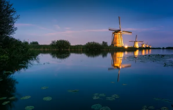 Картинка подсветка, канал, мельницы, Нидерланды, Голландия, Kinderdijk