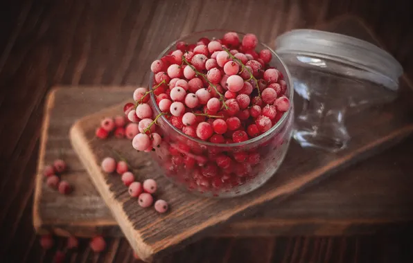 Стекло, ягоды, доски, банка, крышка, красная, смородина, замороженная