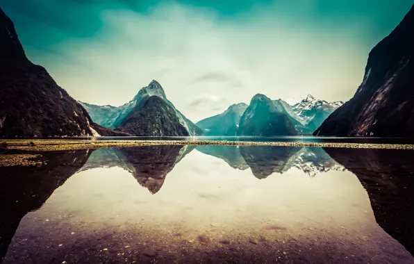 Облака, снег, горы, озеро, отражение, Новая Зеландия, New Zealand, mountains