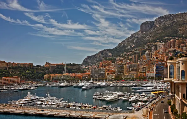 Небо, горы, дома, яхты, лодки, гавань, Монако, Монте-Карло