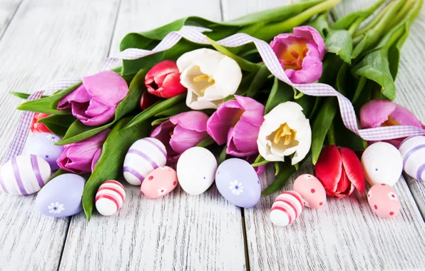 Цветы, яйца, colorful, Пасха, тюльпаны, happy, wood, pink