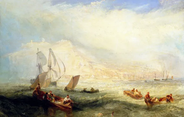 Море, волны, лодка, картина, парус, морской пейзаж, Уильям Тёрнер, Line Fishing