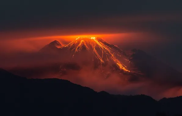 Картинка fire, landscape, nature, night, lava, Volcano, eruption