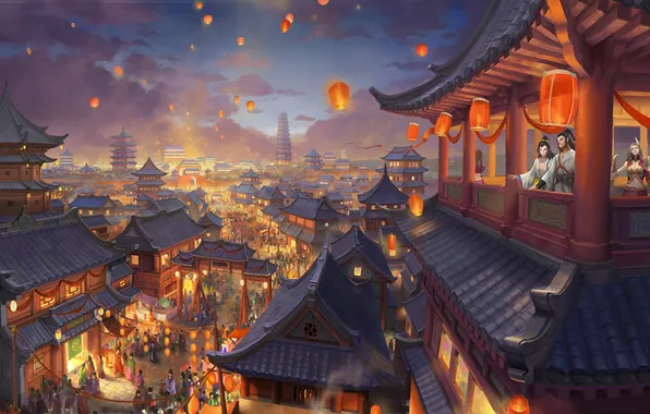 Картинка ночь, город, огни, люди, праздник, азия, арт, небесные фонарики