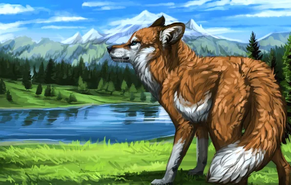 Картинка горы, природа, животное, арт, хвост, рыжая, лисица