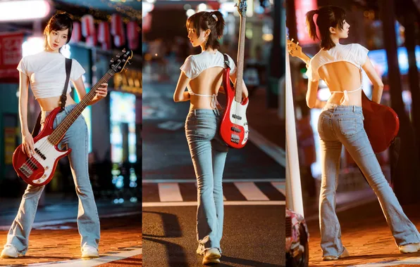 Beautiful, Asian, Model, Night, Street, Guitar, Denim, Woman