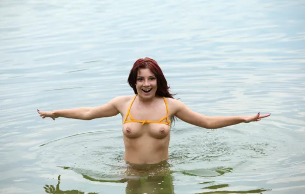 Girl, sexy, river, red hair, long hair, nature, nipples, boobs