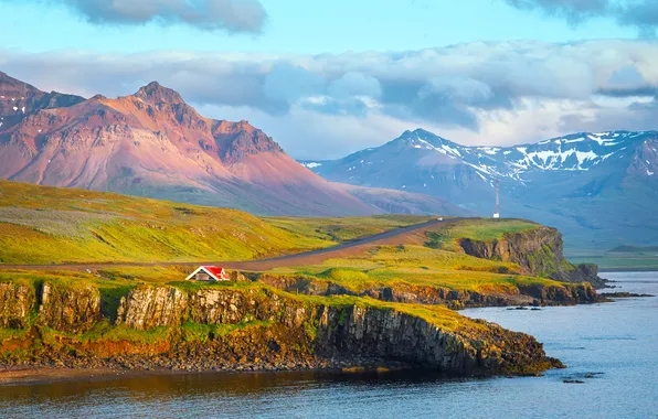 Картинка море, солнце, облака, горы, побережье, домик, Iceland