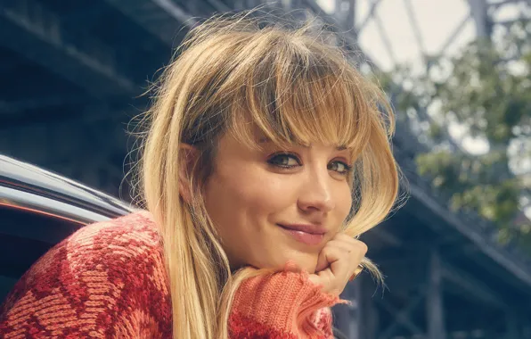 Взгляд, девушка, лицо, улыбка, волосы, Kaley Cuoco
