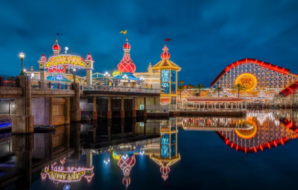 Мост, огни, озеро, парк, Калифорния, аттракционы, Диснейленд, Pixar Pier