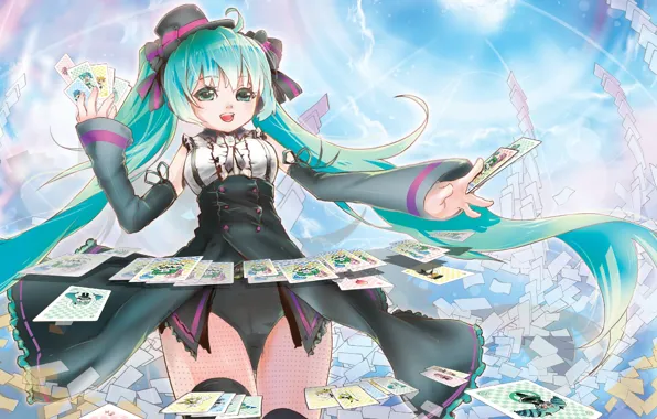 Магия, шляпка, vocaloid, Hatsune Miku, лучи солнца, много, голубое небо, фокусы