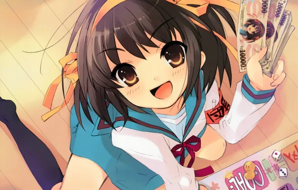 Радость, кубики, игра, гольфы, купюры, art, матроска, haruhi suzumiya