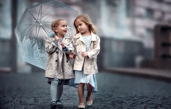 Дети, девочки, зонт, мостовая, girls, bridge, umbrella, children