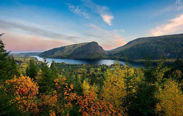 Картинка осень, лес, деревья, горы, природа, озеро