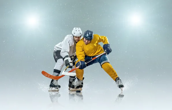 Картинка снег, снежинки, фон, спорт, игра, лёд, перчатки, хоккей