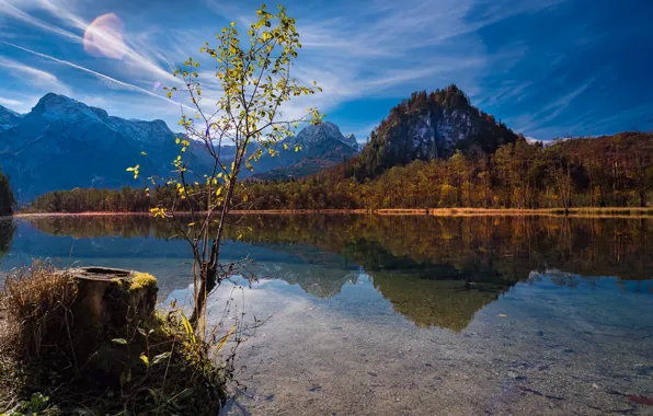 Картинка осень, пейзаж, горы, природа, озеро, отражение, пень, Австрия