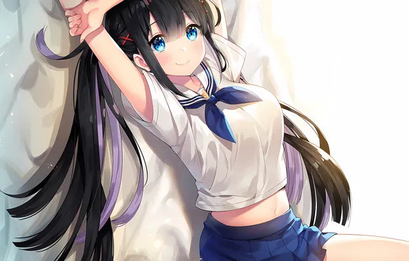 Girl, sexy, school uniform, long hair, anime, blue eyes, beautiful, pretty