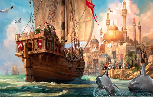 Картинка волны, корабль, пристань, чайки, дельфины, мечеть, Краски, путешествие